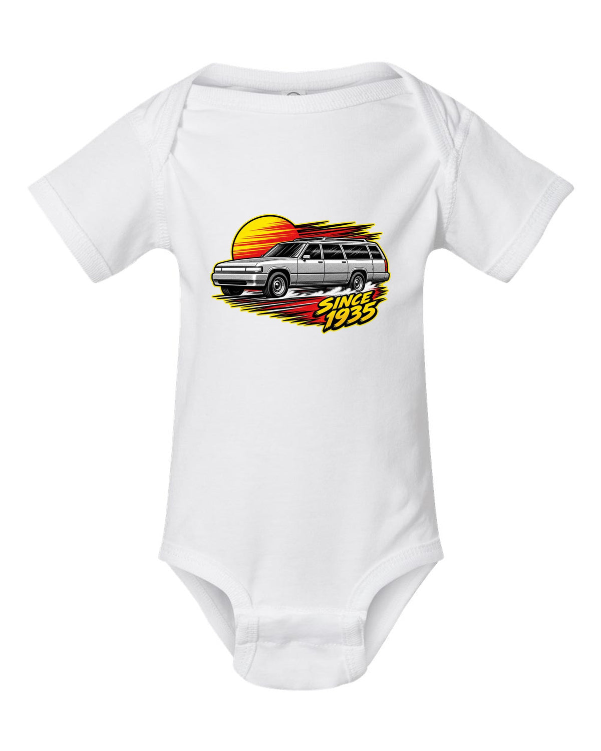 Retro manga halftone panel print of a 1992-1999 Chevrolet Suburban GMT400 with Since 1935 text white baby onesie front view with the design