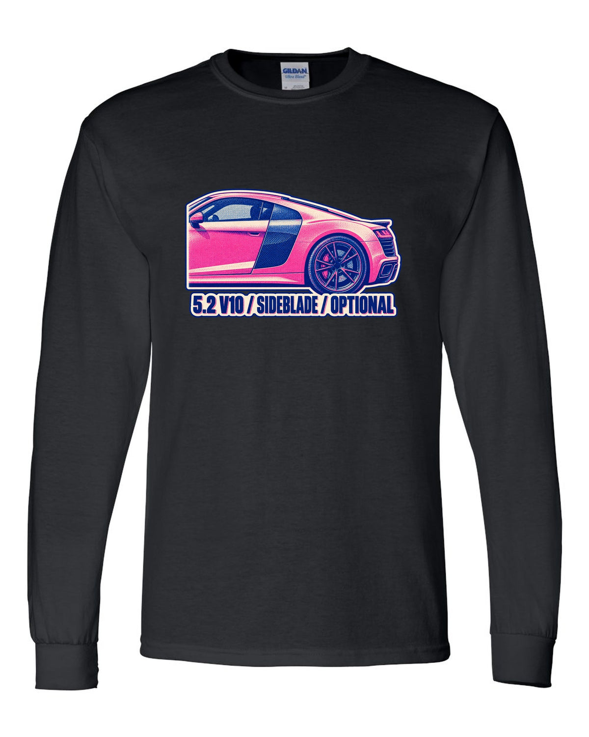Risograph two-ink print of an Audi R8 4S with 5.2 V10 and Sideblade text black long sleeve front view with the design