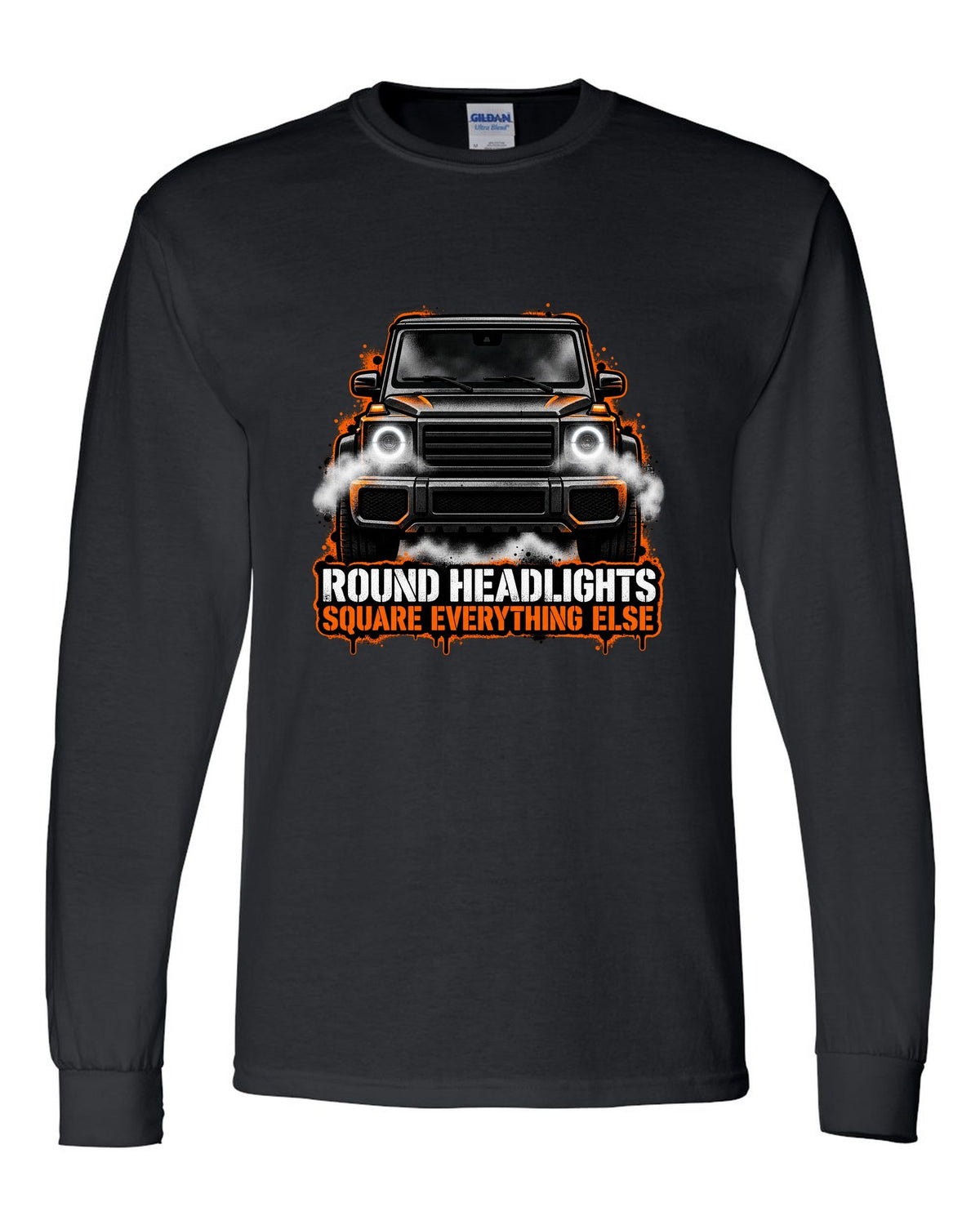 Sticker-bomb collage graphic with the word Clunk for a Mercedes G-Class W463, print black long sleeve front view with the design