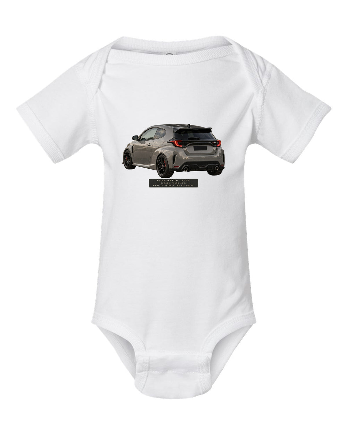 Close-up of a Toyota GR Yaris 2020 rear tailgate and taillight white baby onesie front view with the design