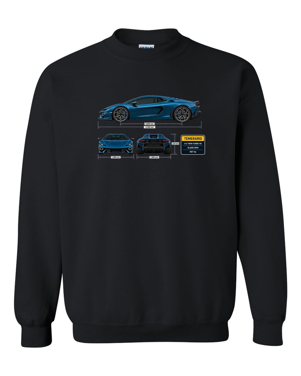 Three-view spec print of the Lamborghini Temerario black crewneck front view with the design