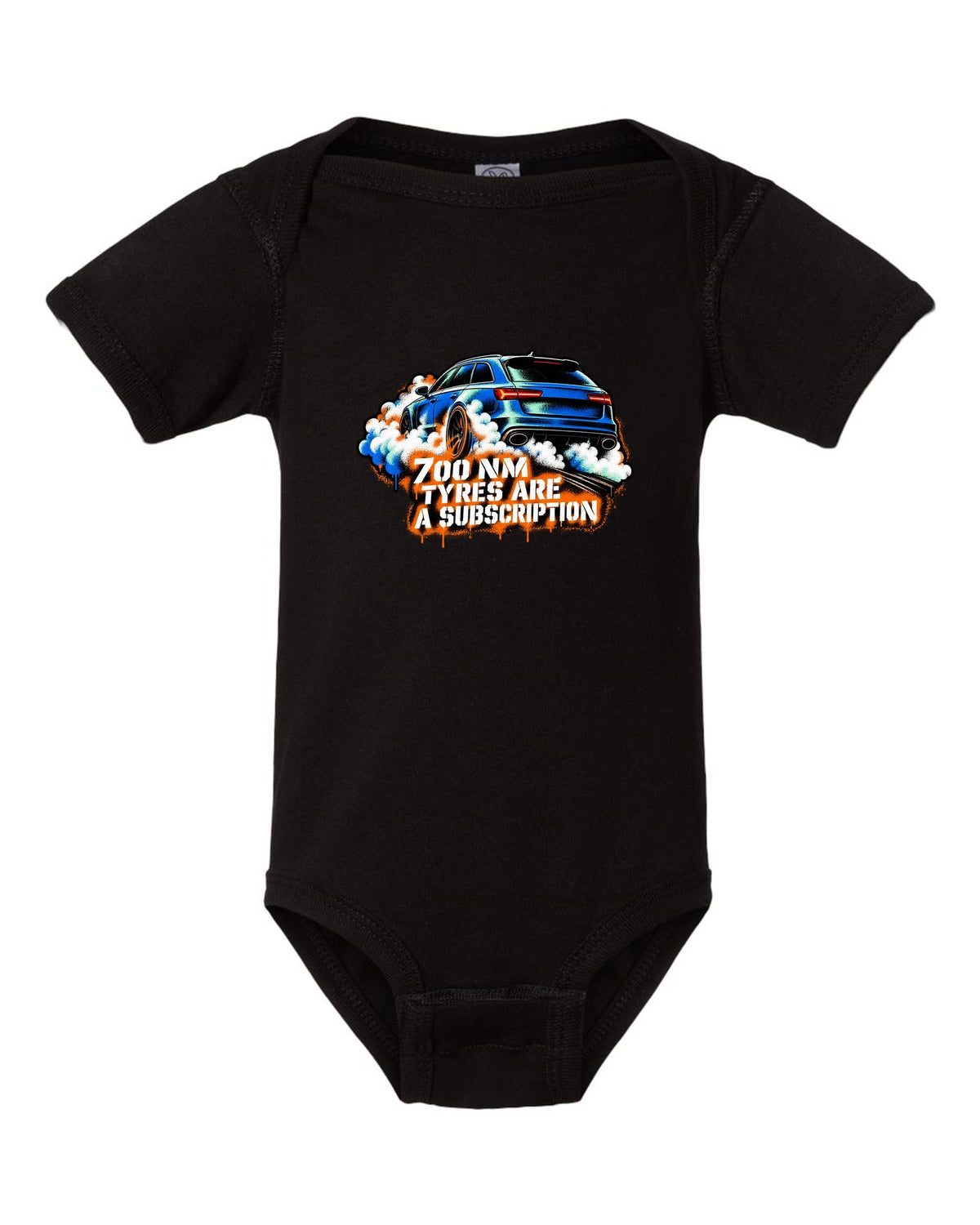 Stencil spray street art design of the Audi RS6 Avant C7 4G with 700 Nm and tyres are a subscription lettering black baby onesie front view with the design