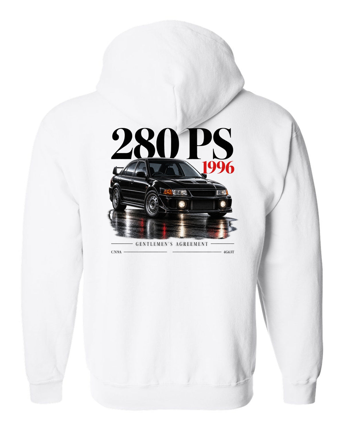 Editorial headline print for the Mitsubishi Lancer Evolution IV CN9A reading 280 PS, 1996, Gentlemen's Agreement, 4G63T white zip hoodie back view with the design