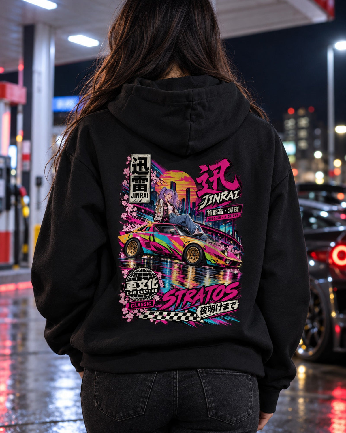 JINRAI STRATOS Anime Girl Full-Back Graphic Tee Pull Over Hoodie Black worn hero