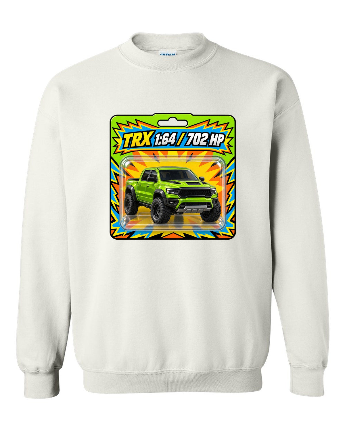 print of a 1:64 toy blister card featuring the Ram 1500 TRX with 702 HP white crewneck front view with the design