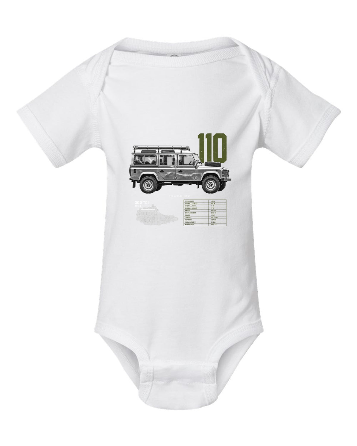 Land Rover Defender 110 spec poster print with 300 Tdi 1994 text white baby onesie front view with the design