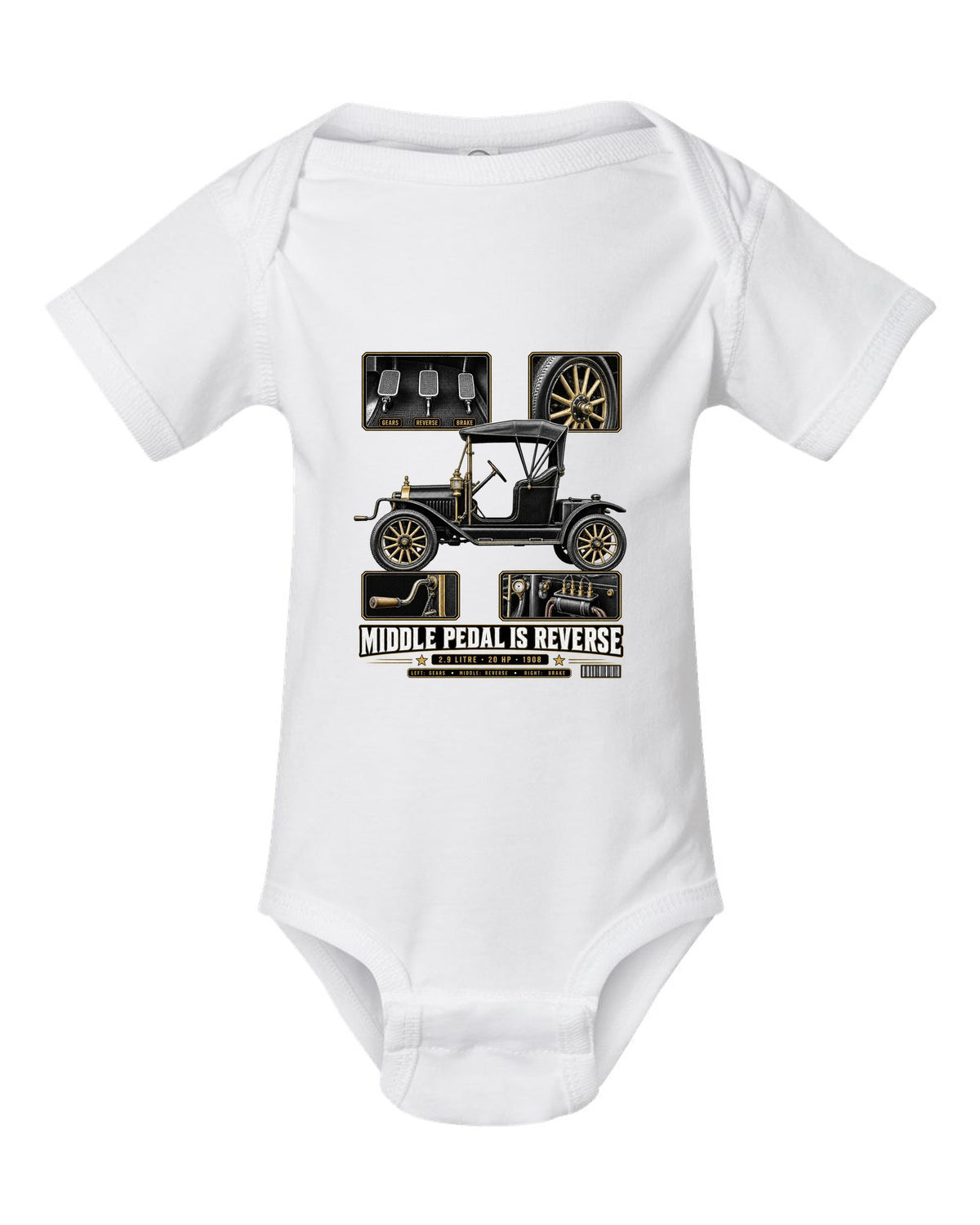 Dossier panel print of a Ford Model T runabout showing its three pedals white baby onesie front view with the design