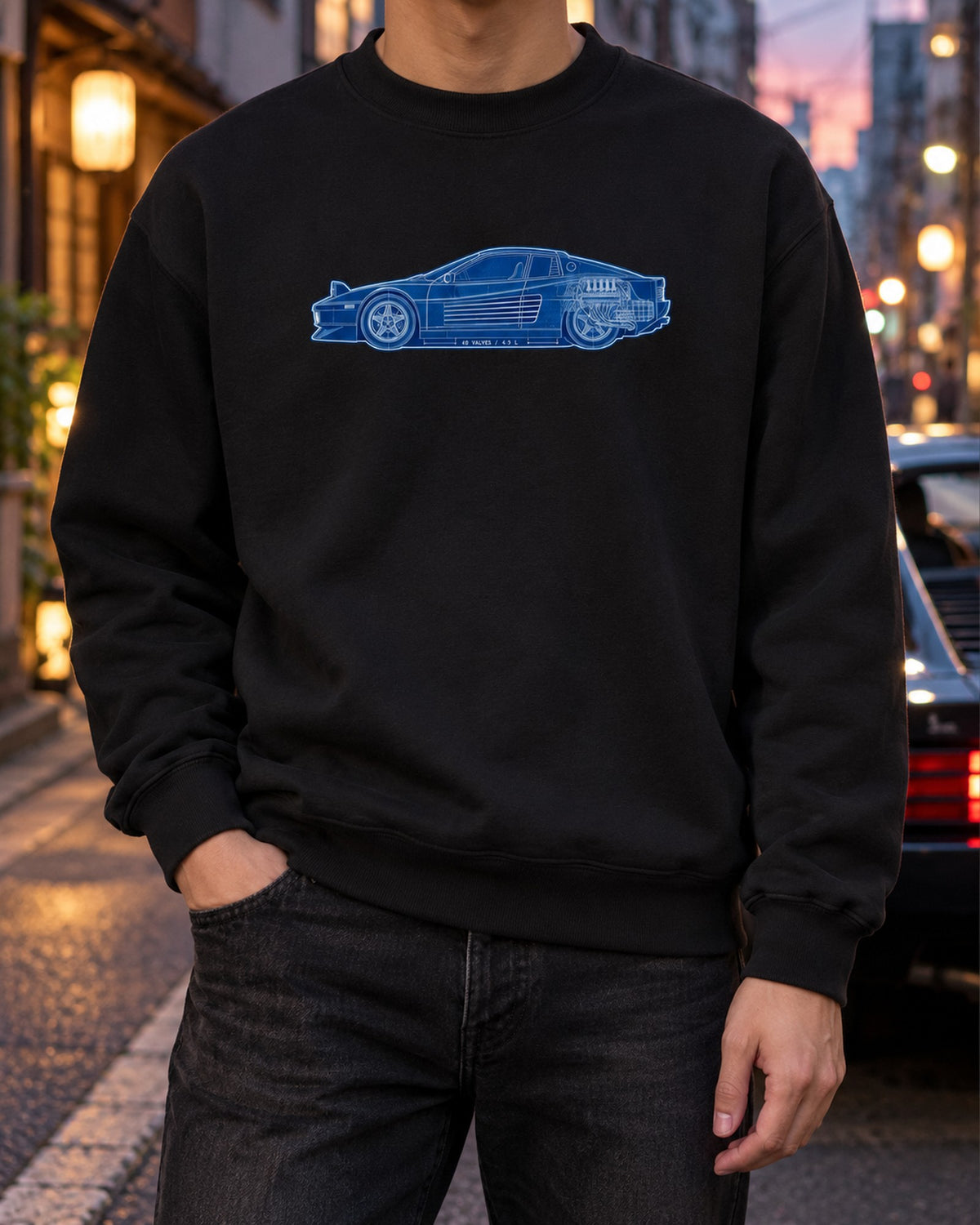 Ferrari Testarossa F110 Flat-12 Cyanotype Blueprint Tee Crewneck Black worn hero