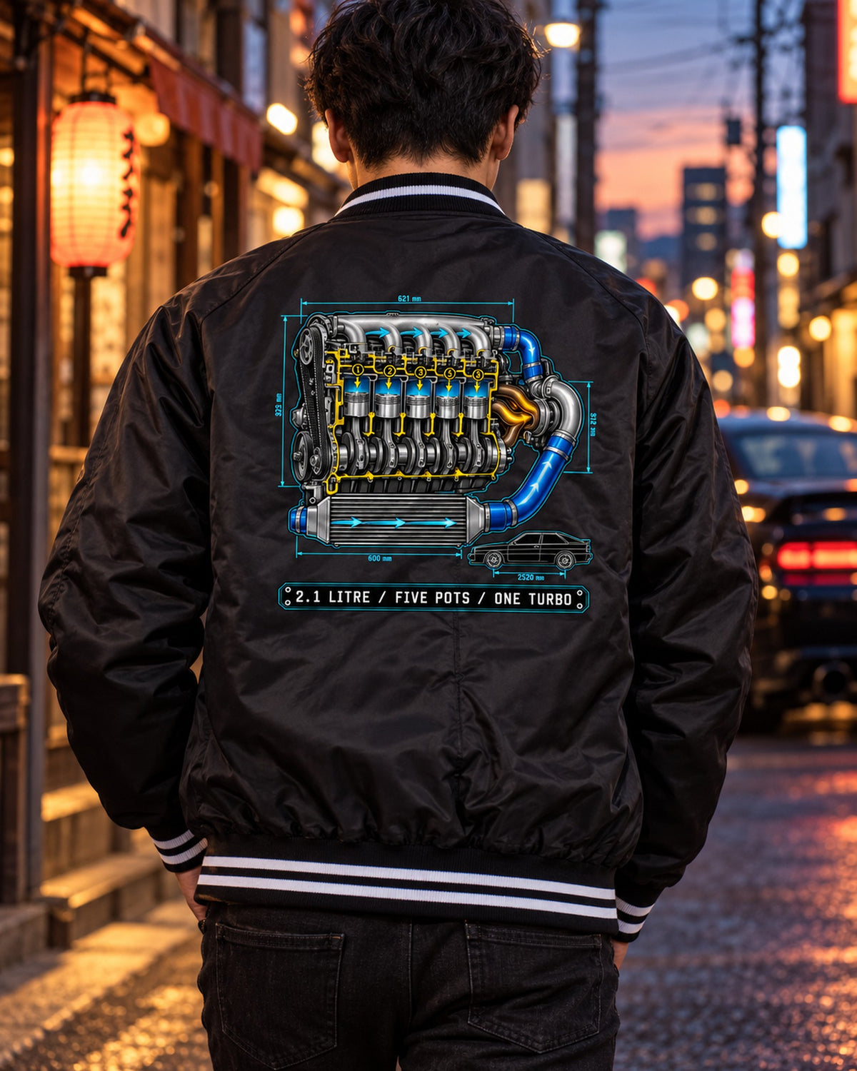 Audi Ur-Quattro Type 85 Five-Pot Technical Blueprint Shirt Bomber Jacket Black worn hero