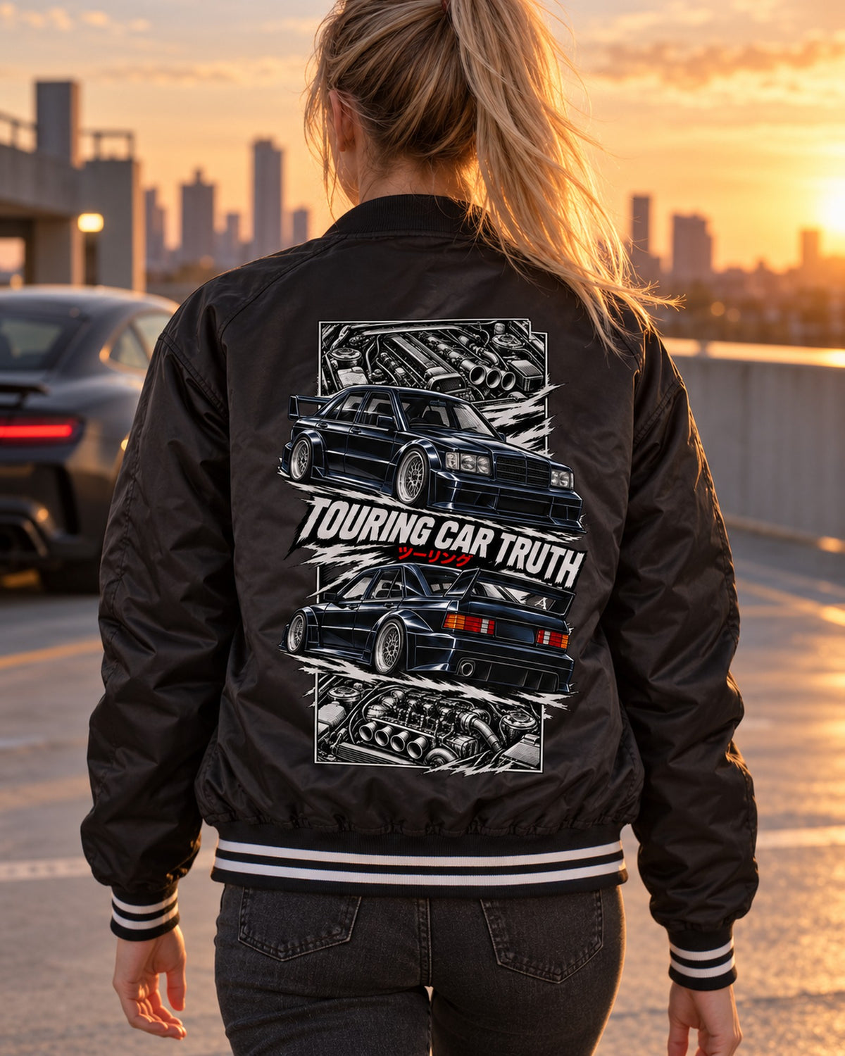 Mercedes 190E Evo Ii Torn Poster Full-Back Graphic Tee Bomber Jacket Black worn hero