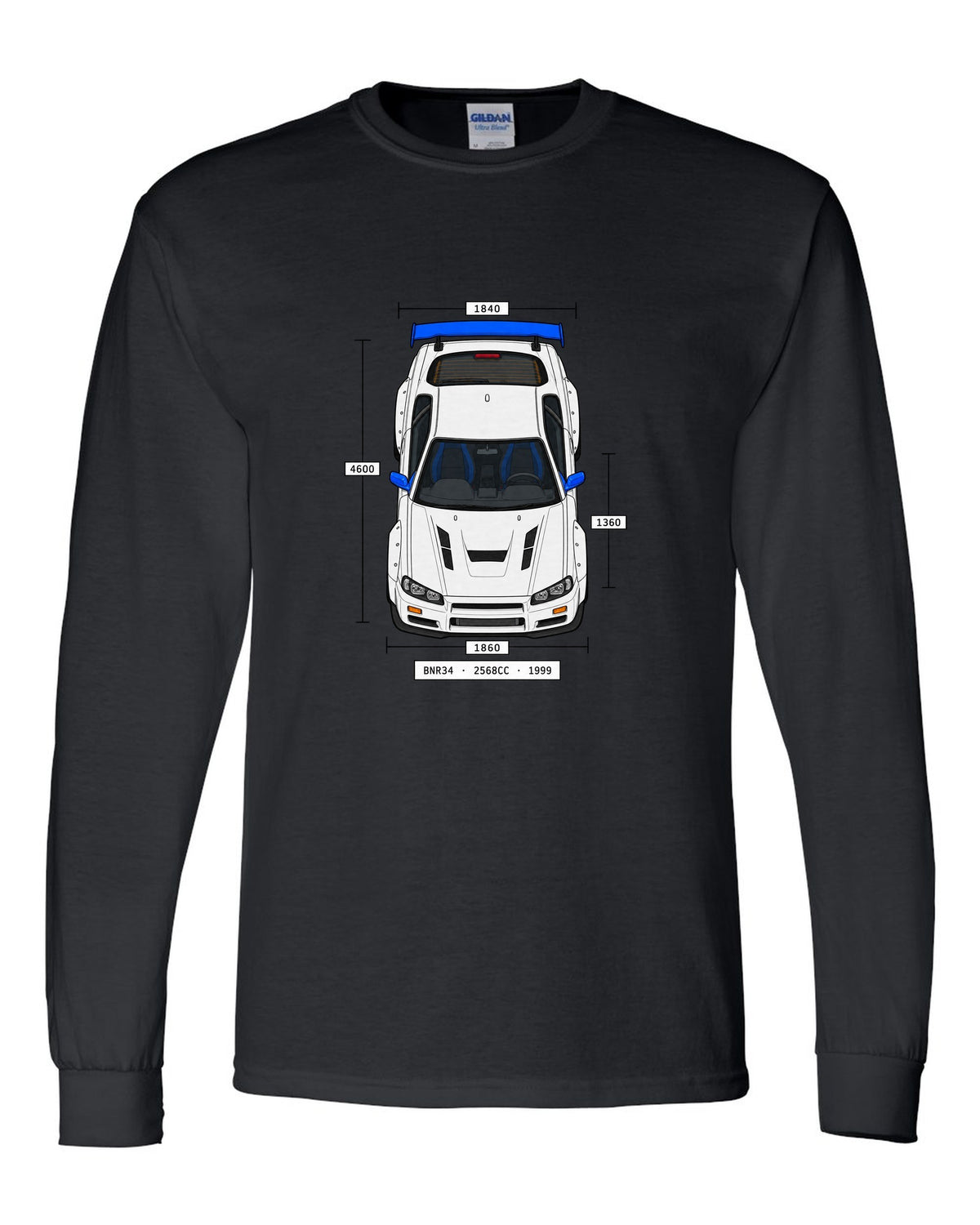 Spec-sheet data plate print reading BNR34 2568cc 1999 for the Nissan Skyline GT-R R34 black long sleeve front view with the design