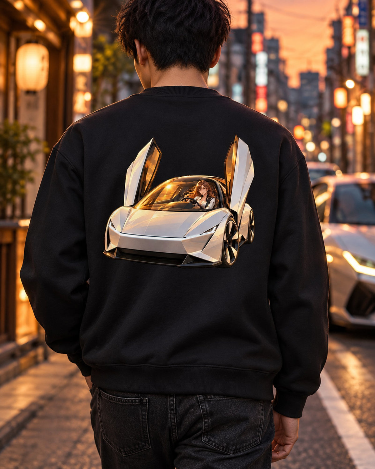 Tesla Roadster Golden Hour Anime Girl Shirt, Hoodie & More Crewneck Black worn hero