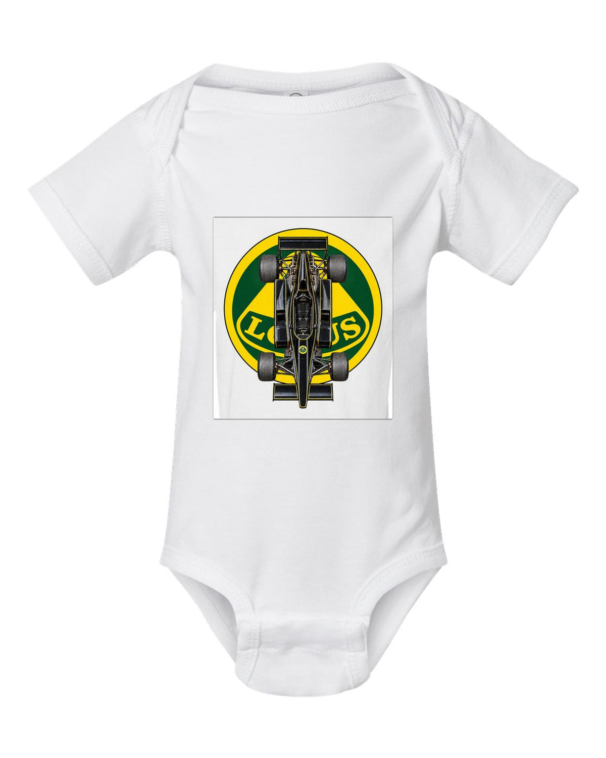 Lotus 78 1977 Formula 1 overhead poster artwork white baby onesie front view with the design