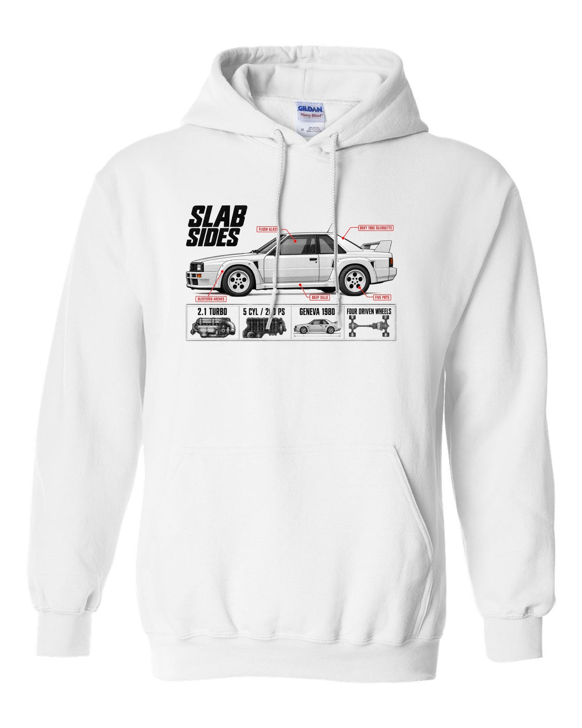 Audi Ur-Quattro Type 85 Slab Sides Spec Poster white pull over hoodie front view with the design