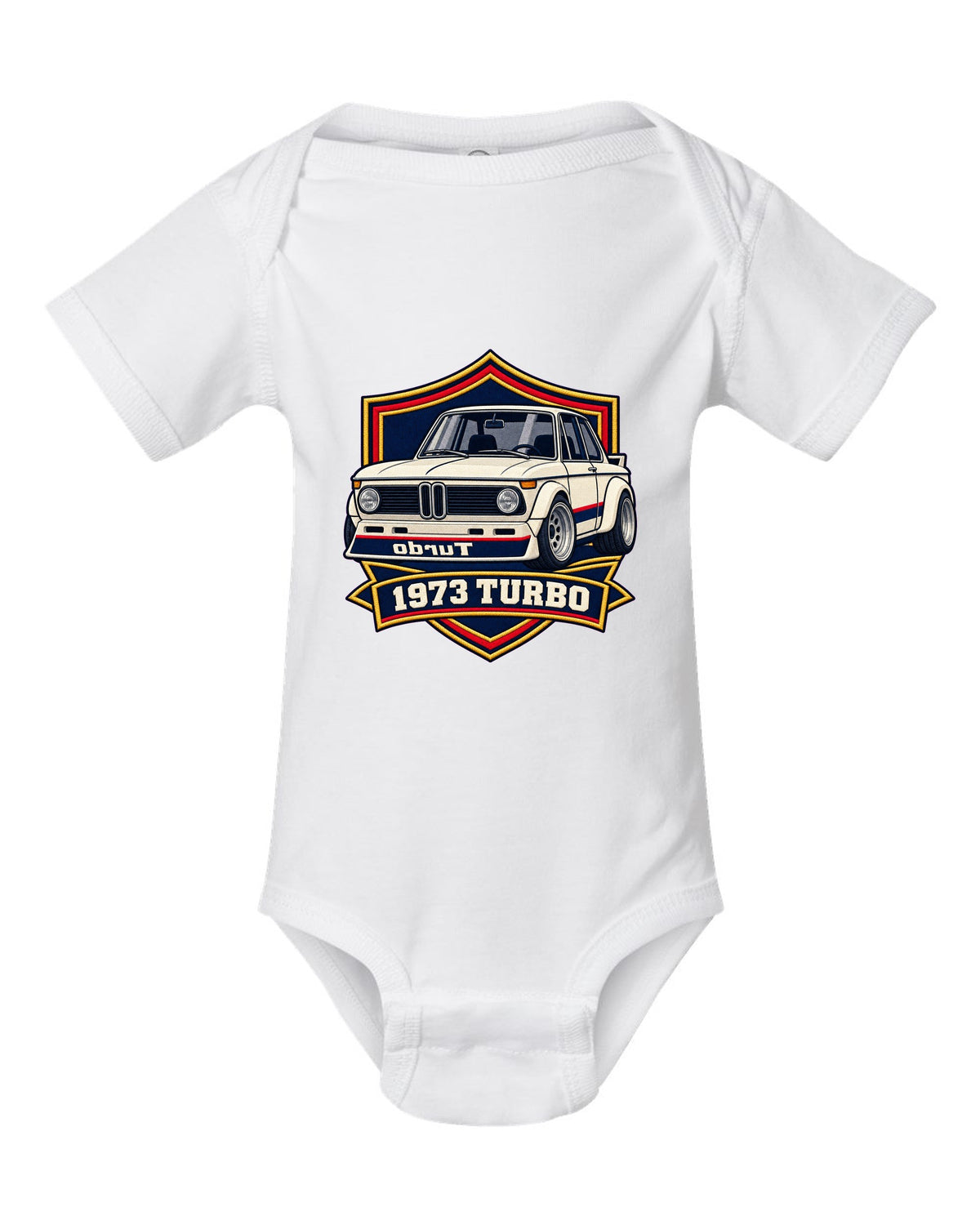 BMW 2002 turbo varsity crest print with mirrored turbo lettering and 1973 white baby onesie front view with the design