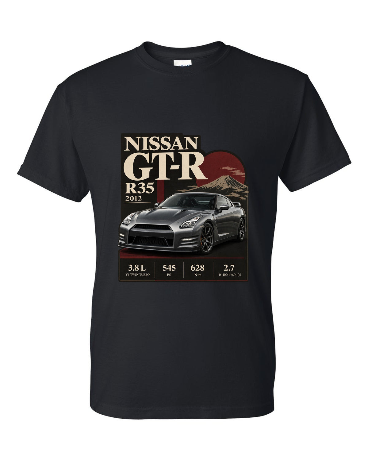 Nissan GT-R R35 2013 Track Edition in dossier panel layout black t-shirt front view with the design