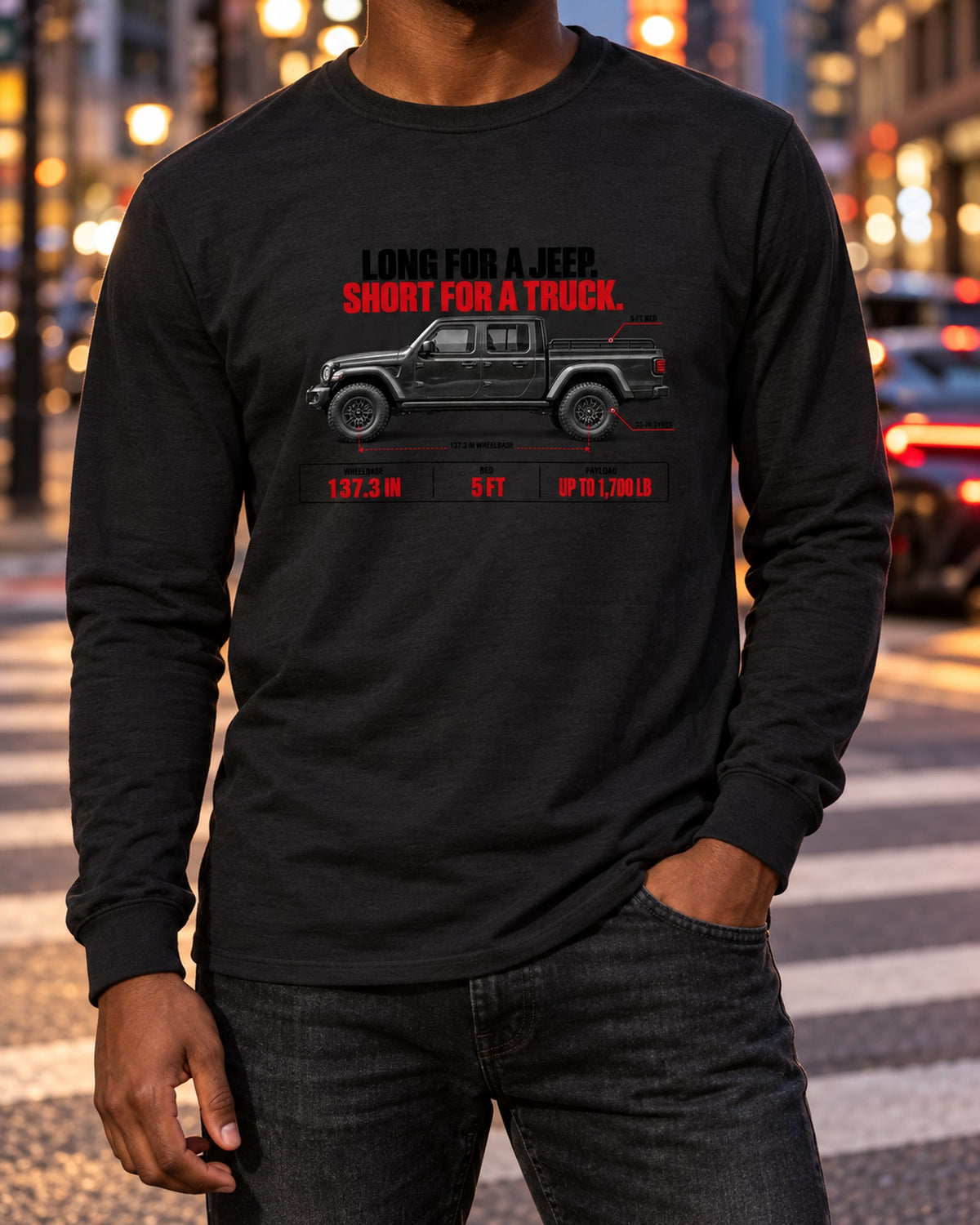 Jeep Gladiator JT Bed Spec Poster print Tee Long Sleeve Black worn hero
