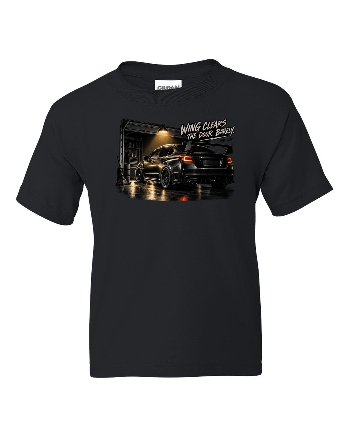 Subaru WRX STI VAB 2018 in a garage with wing clears the door barely text black kids tee front view with the design