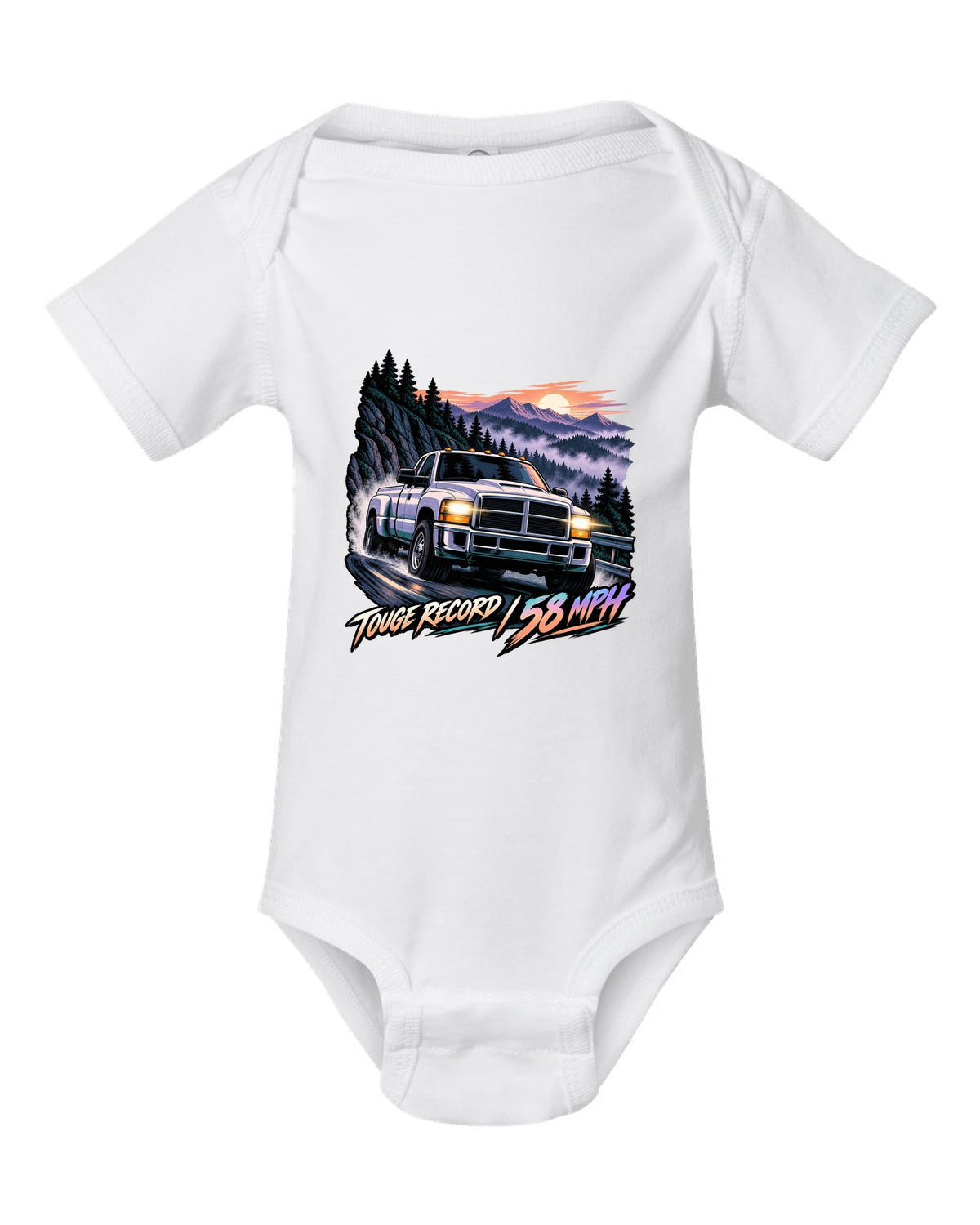 Cel-shaded anime night touge print of a 1994-1998 Dodge Ram 2500 12V Cummins white baby onesie front view with the design