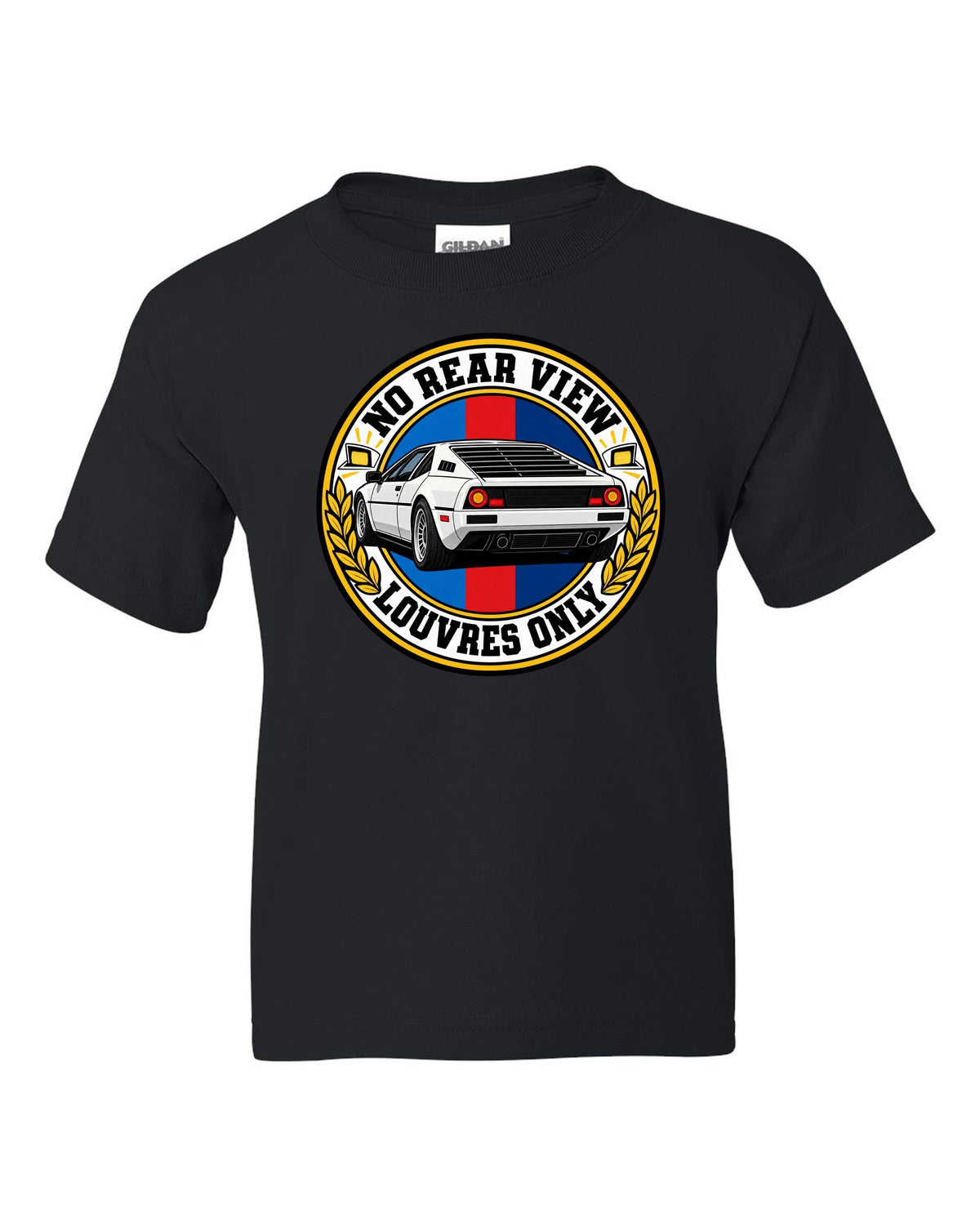 Stencil spray-paint print of a BMW 1 Series M Coupe E82 with N54 wastegate text black kids tee front view with the design