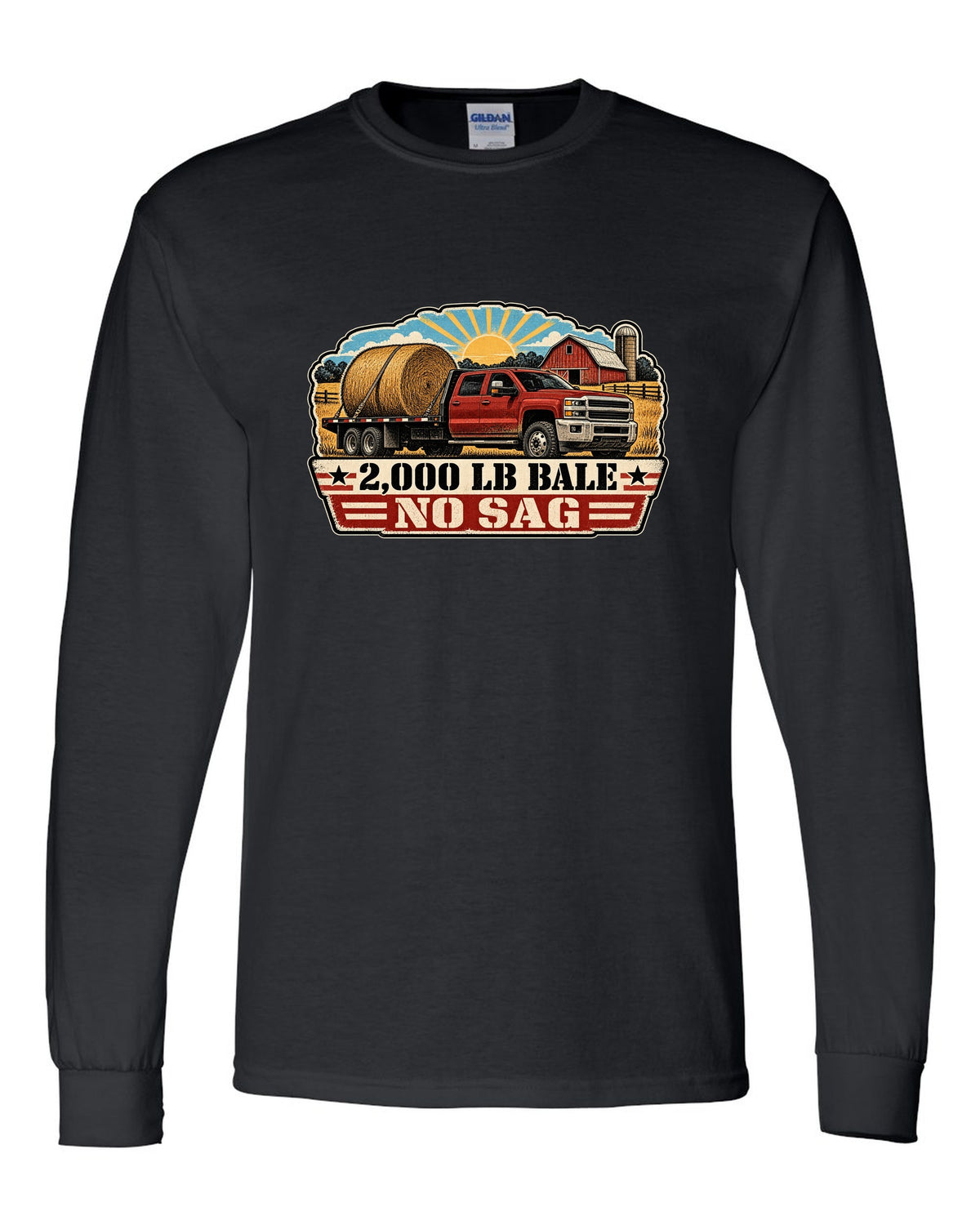 Distressed screen-print print of a 2010-2018 Ram 3500 6.7 Cummins hauling a round bale black long sleeve front view with the design