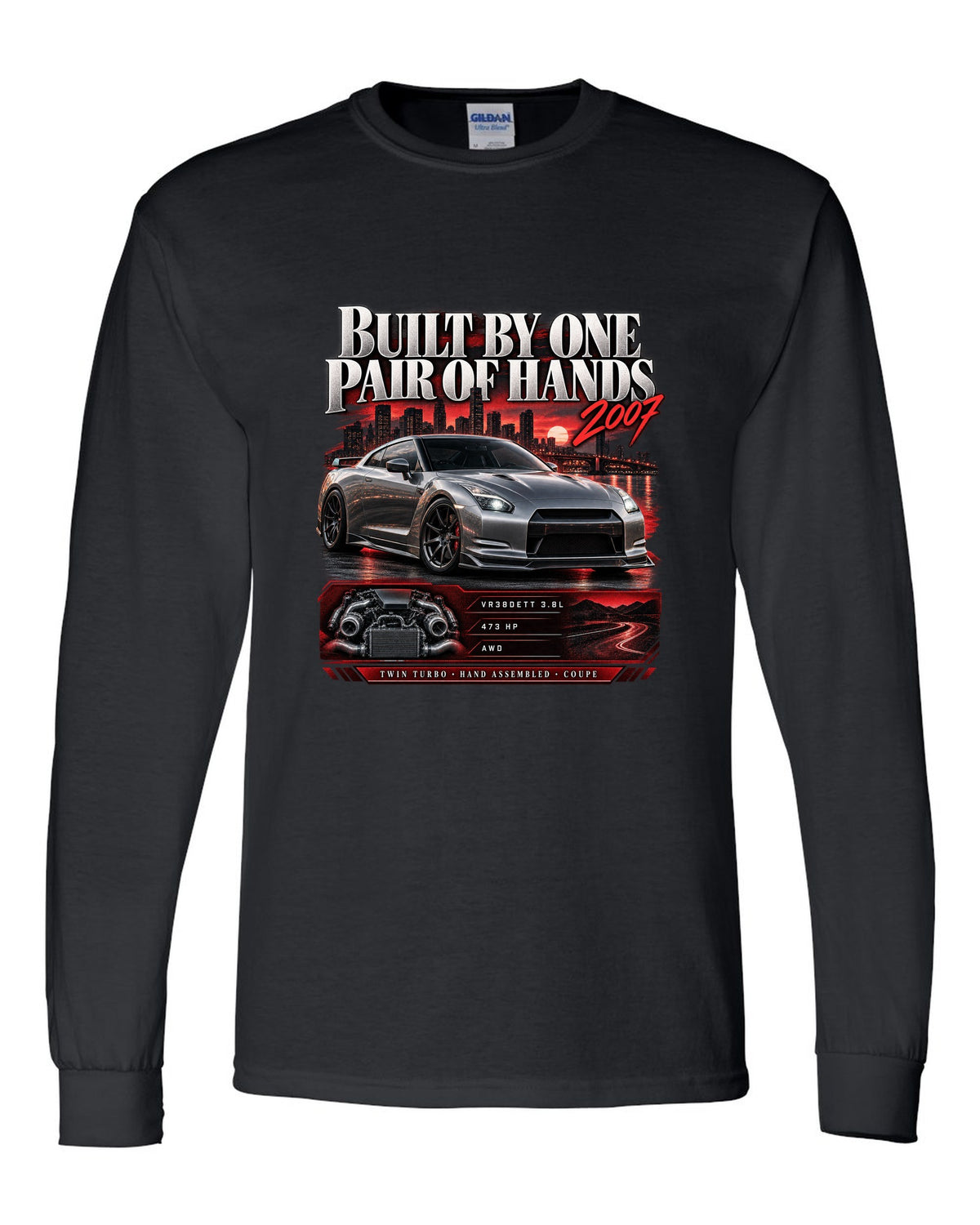 Archive panel of a Nissan GT-R R35 with VR38DETT 3.8L, 473 hp and hand assembled lettering black long sleeve front view with the design