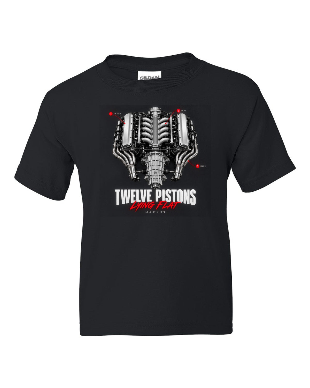 Engine callout print of the Ferrari 512 TR and F512 M flat-12 with the text Twelve Pistons Lying Flat black kids tee front view with the design