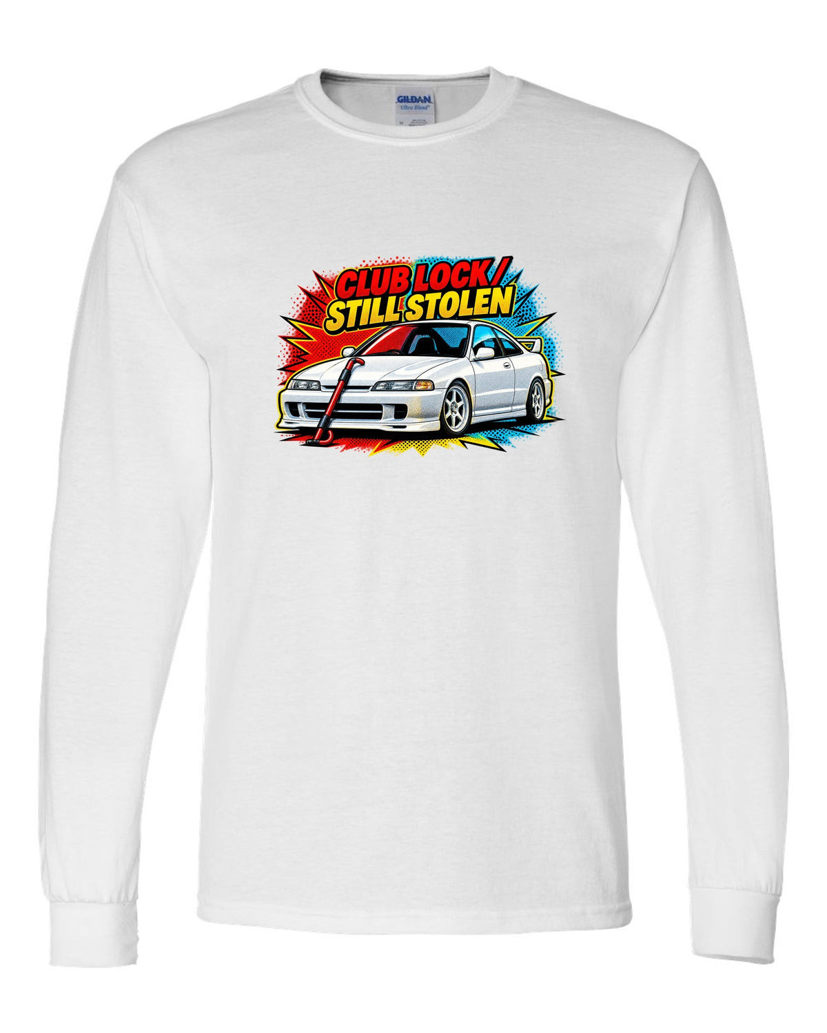 Pop-art halftone split of a 1995 Honda Integra DC2 coupe with Club Lock Still Stolen lettering white long sleeve front view with the design
