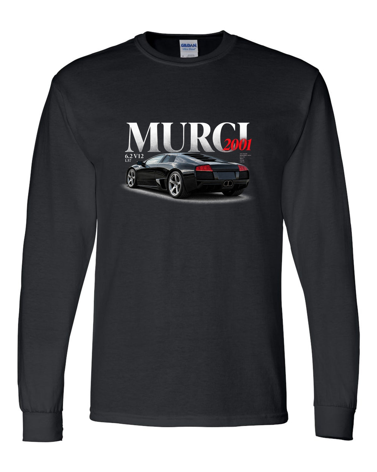 Editorial style print of a Lamborghini Murcielago L537 with 6.2 V12 and 2001 text black long sleeve front view with the design