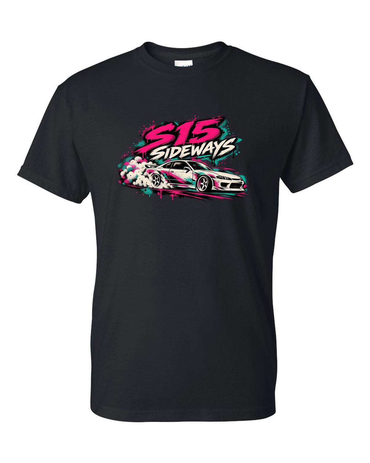 Stencil spray street art print of a Nissan Silvia S15 sliding sideways black t-shirt front view with the design