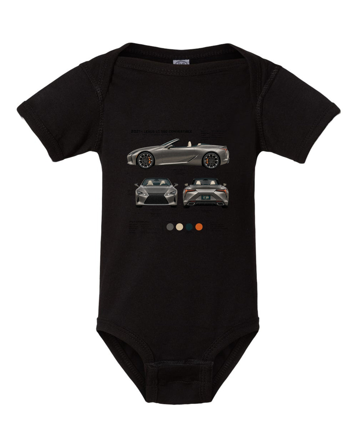 Three-view drawing of the Lexus LC 500 Convertible with spec table black baby onesie front view with the design