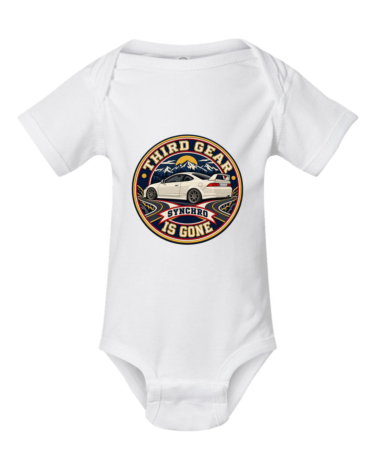 Embroidery patch style print of a 2002 Honda Integra DC5 ch with third gear synchro text white baby onesie front view with the design