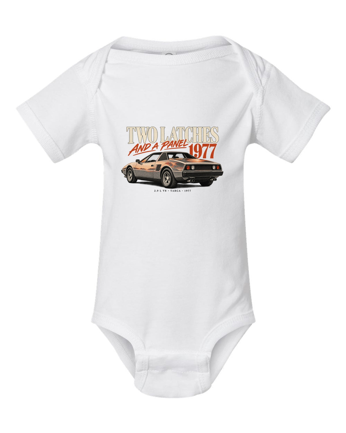 Ferrari 308 GTS 1977 rear three-quarter print, two latches and a panel, targa roof white baby onesie front view with the design