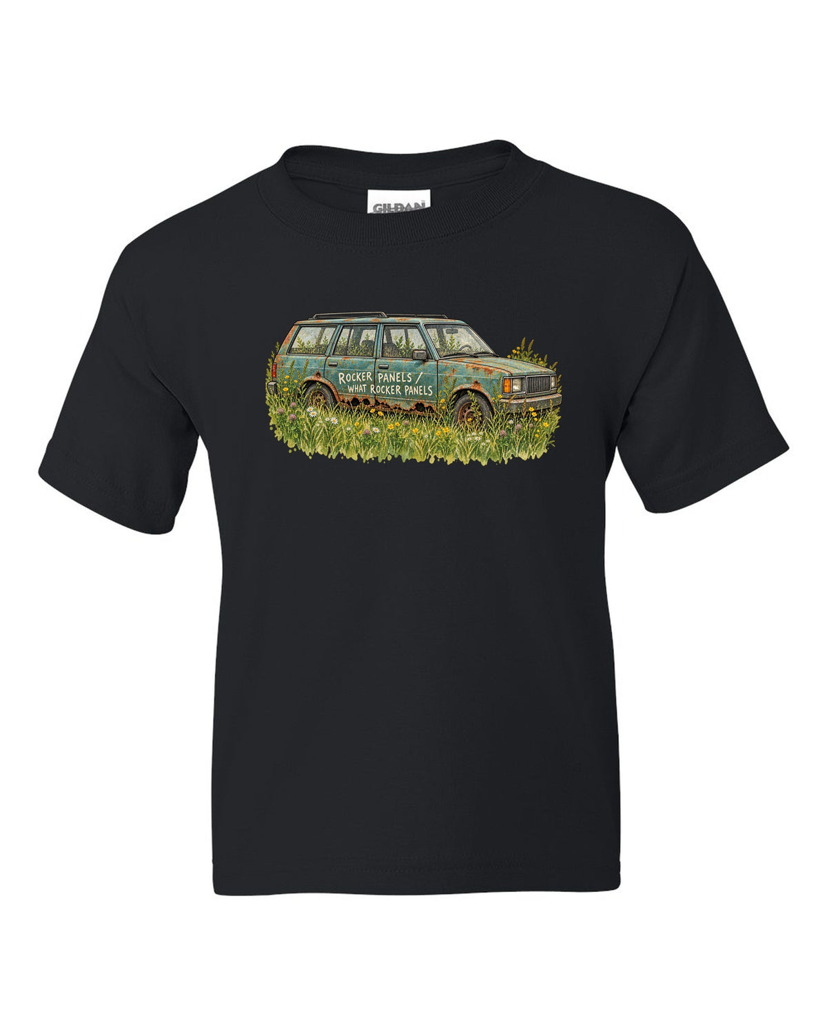 Watercolour print of a Jeep Cherokee XJ in a meadow with a rocker panel joke black kids tee front view with the design