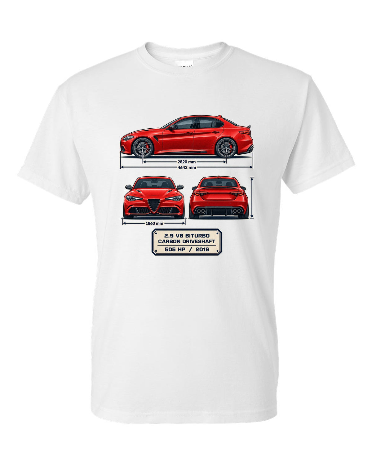 Alfa Romeo Giulia Quadrifoglio three-view spec print white t-shirt front view with the design