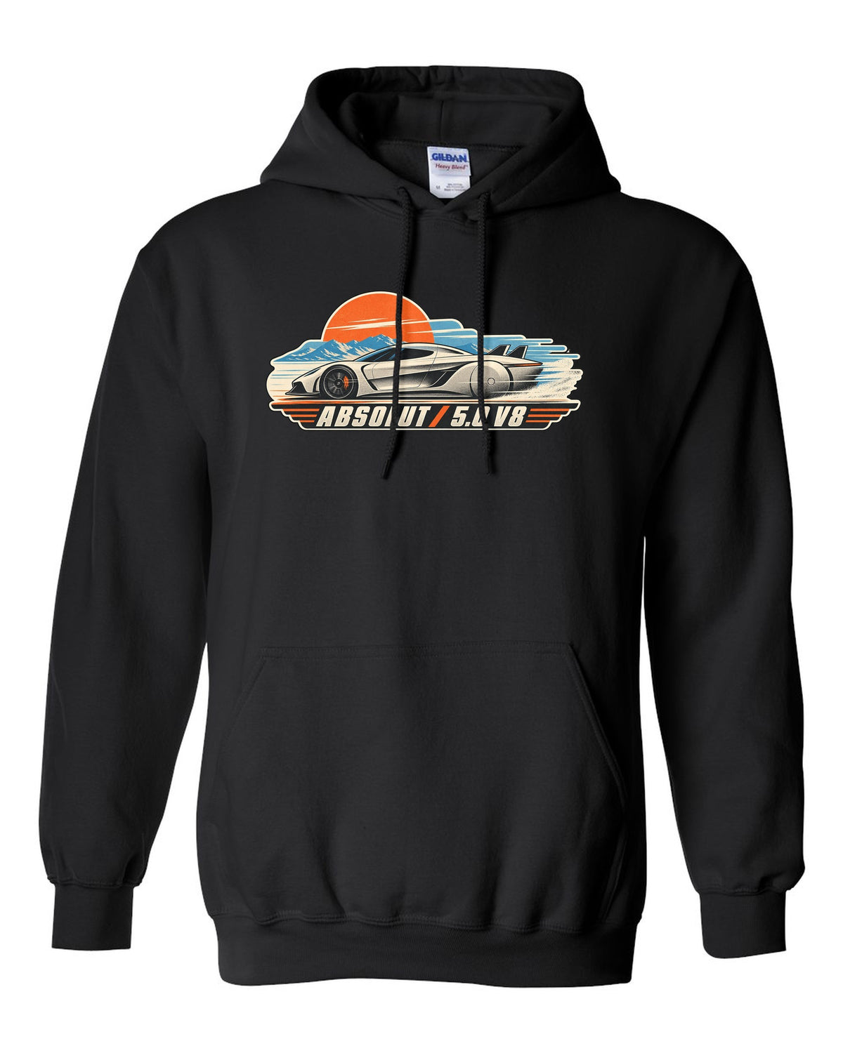 Vintage race poster illustration of the Koenigsegg Jesko Absolut with ABSOLUT 5.0 V8 lettering black pull over hoodie front view with the design