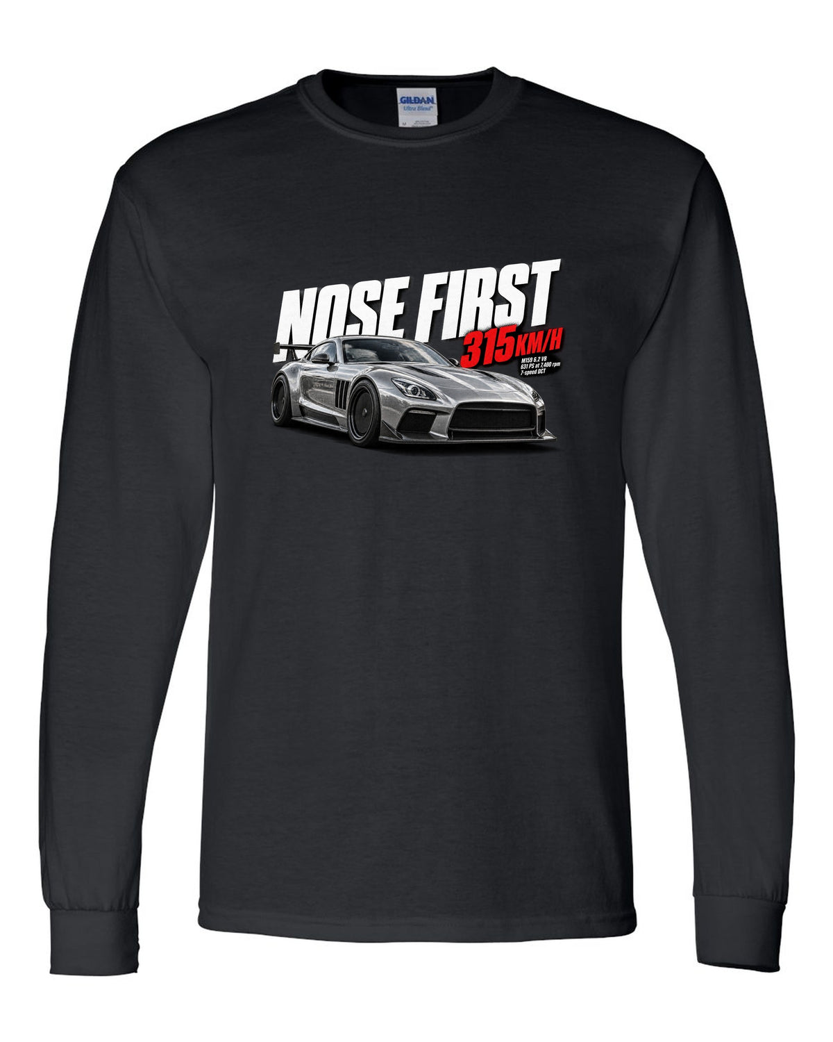 Halftone print of a Mercedes SLS AMG Black Series C197 with Nose First 315 km/h lettering black long sleeve front view with the design