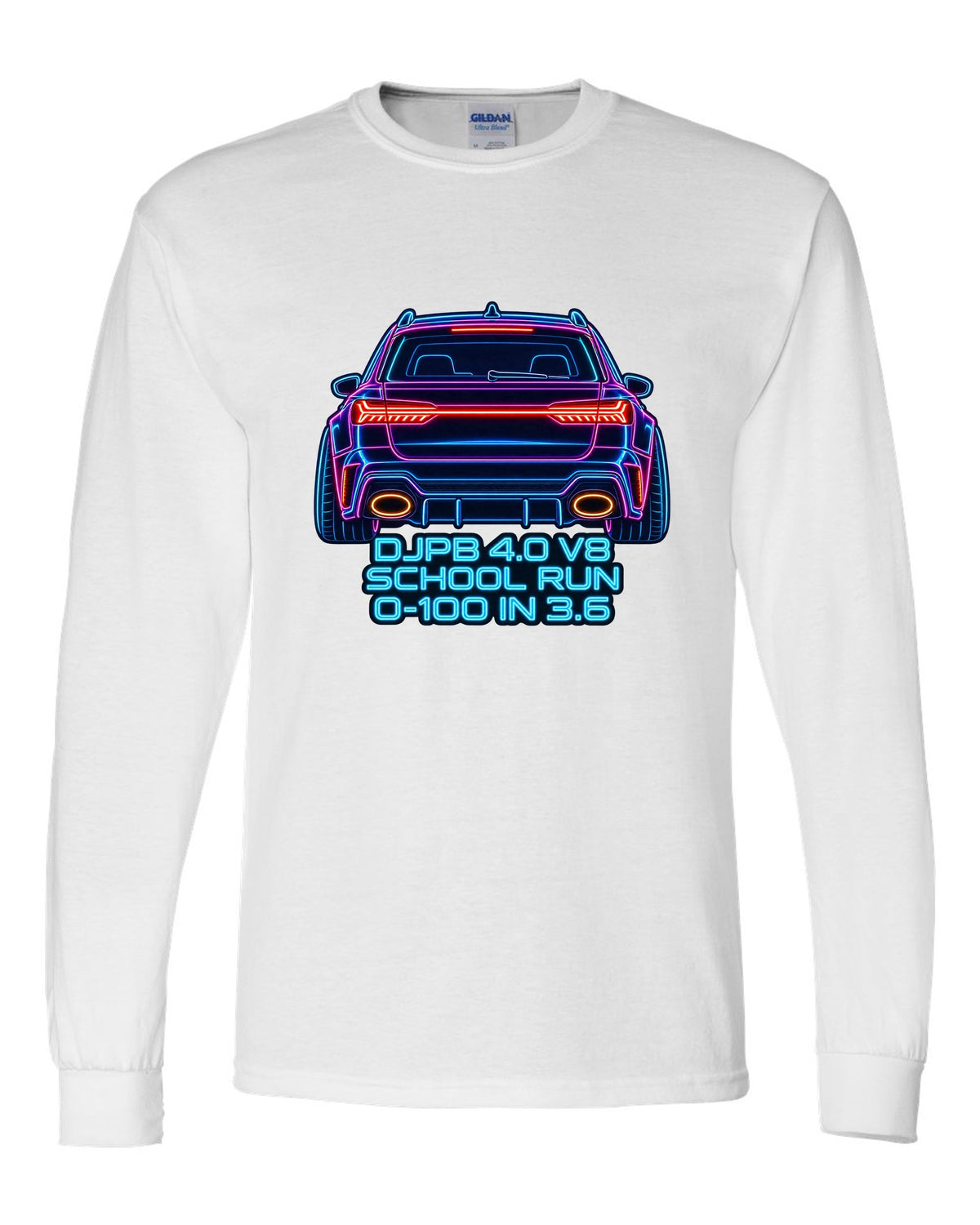 Neon sign line art design of the Audi RS6 Avant C8 with school run and 0-100 in 3.6 lettering white long sleeve front view with the design