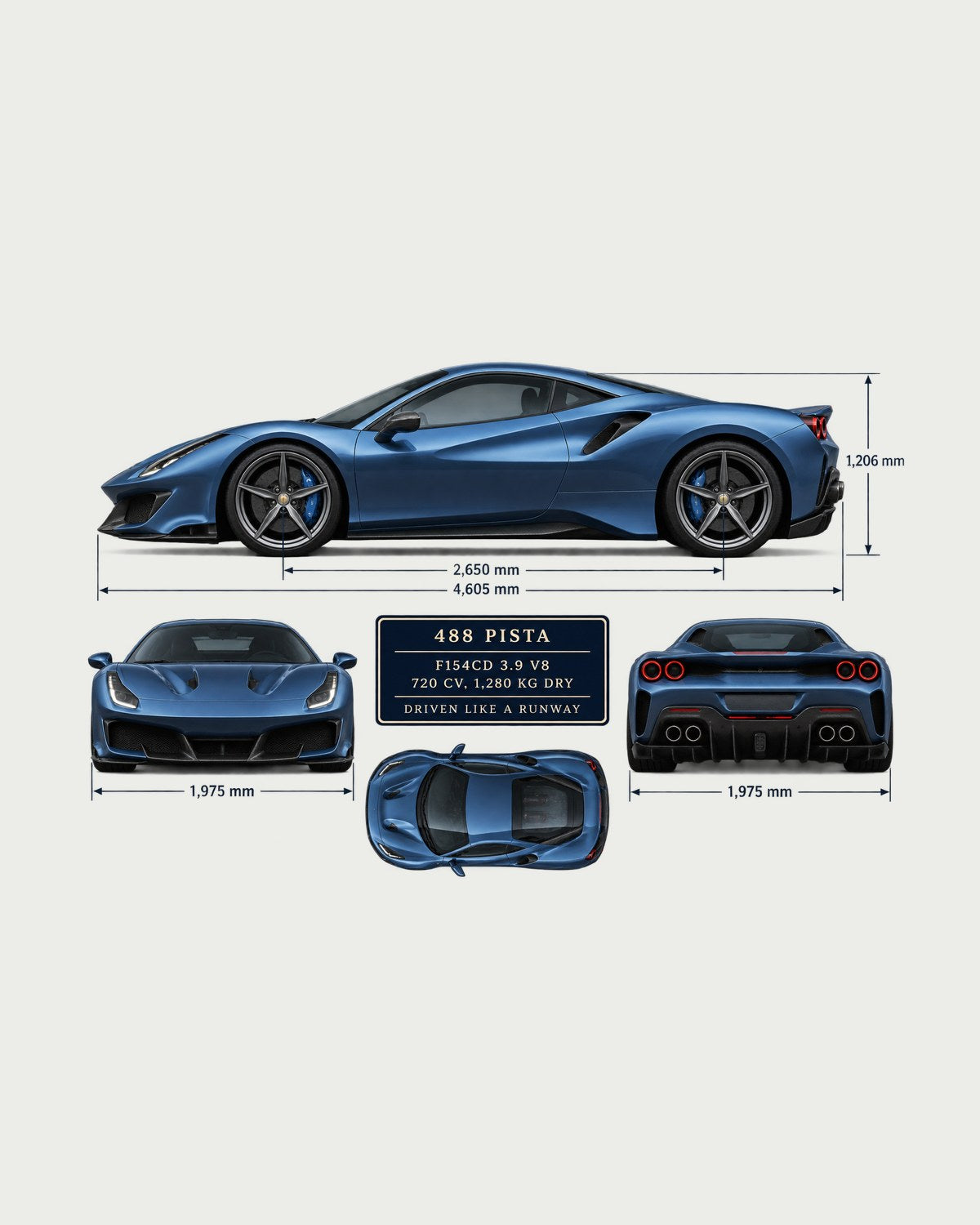 Ferrari 488 Pista Blueprint Shirt, F154CD V8 print design only