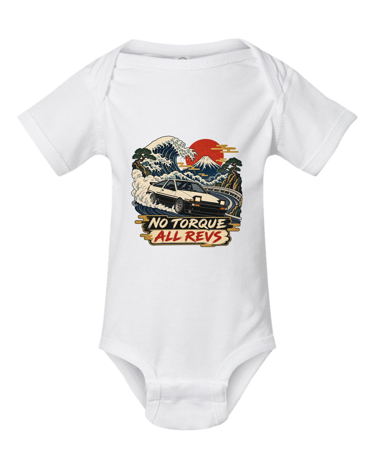 Woodblock ukiyo-e print of a 1985 Toyota Sprinter Trueno AE86 with No Torque All Revs lettering white baby onesie front view with the design