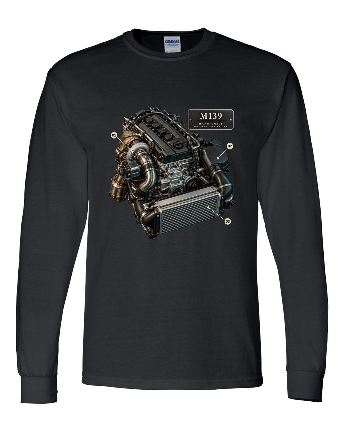 Mercedes-AMG C63 S E Performance W206 M139 engine illustration black long sleeve front view with the design