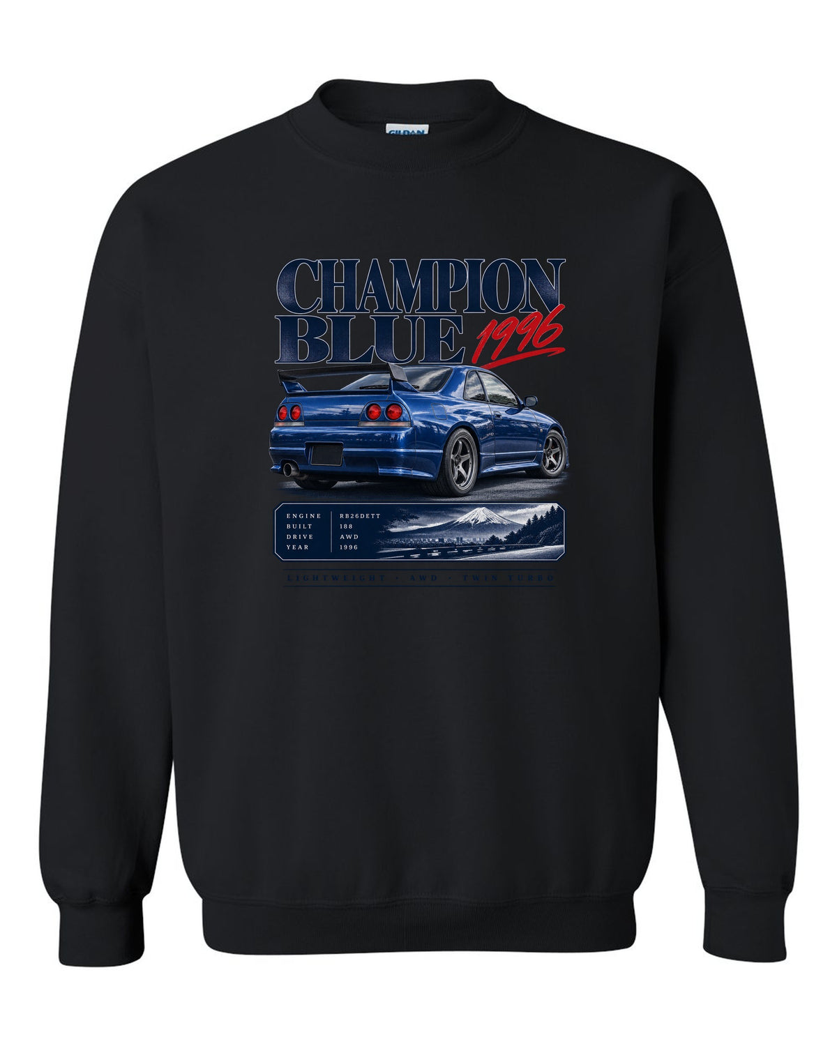 Archive panel of a Nissan Skyline GT-R R33 LM Limited in Champion Blue with 1996 and 188 made lettering black crewneck front view with the design