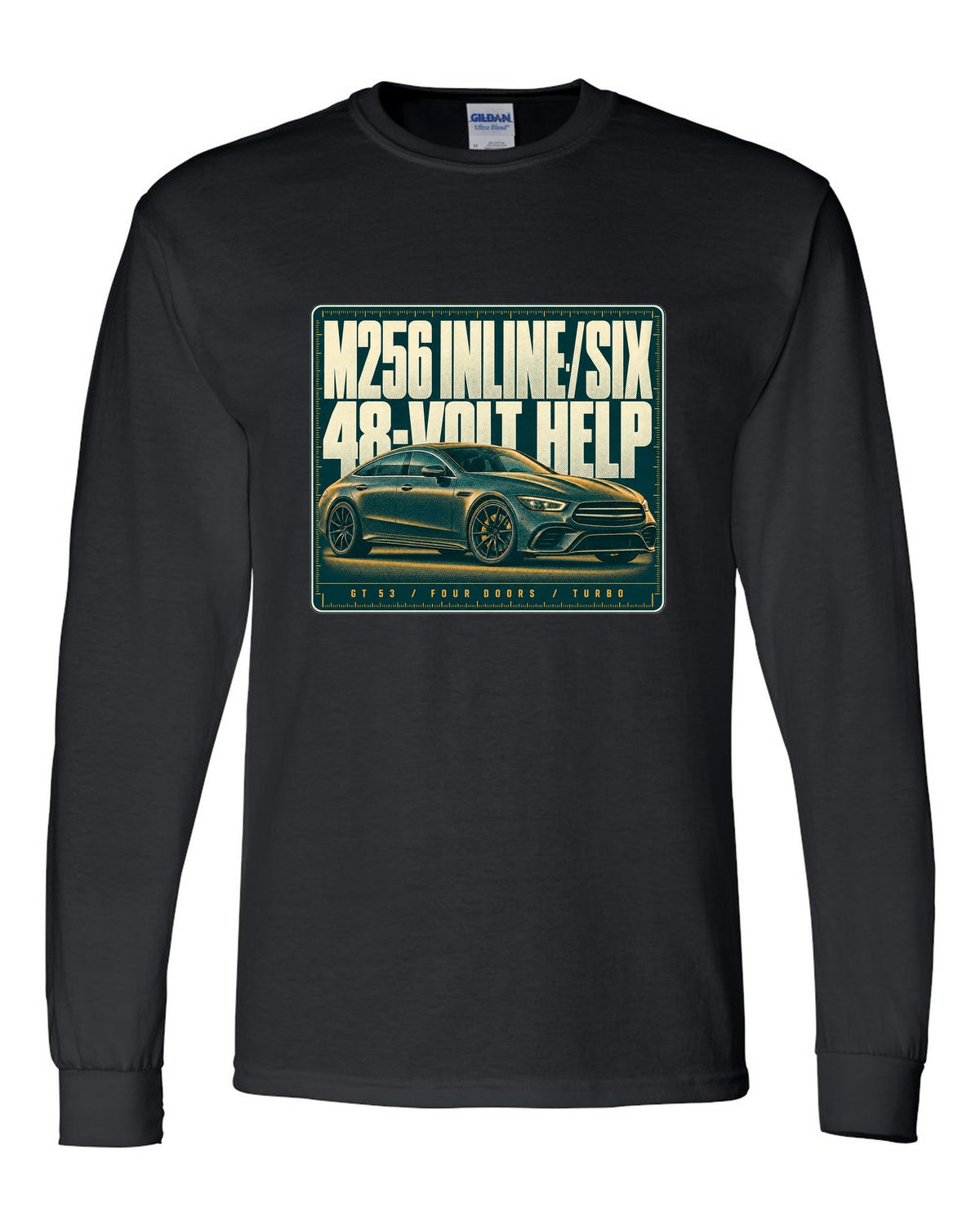 Mercedes-AMG GT 53 4-Door X290 teal and amber halftone print black long sleeve front view with the design