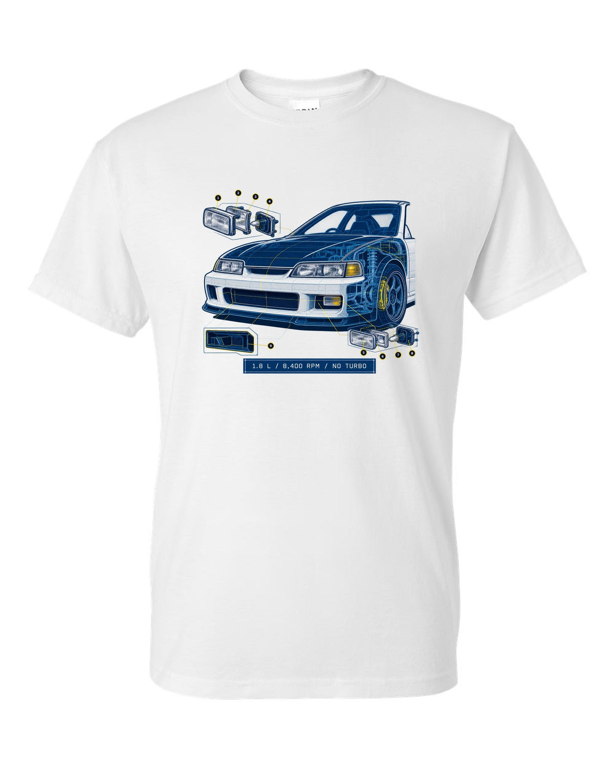 Technical blueprint design of the Honda Integra Type R DC2 with B18C specs white t-shirt front view with the design