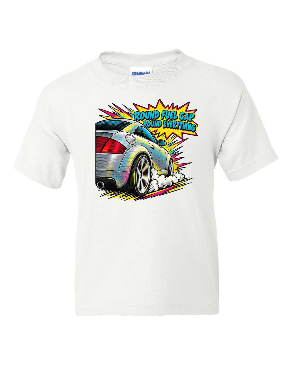 Comic halftone pop-art print of an Audi TT 8N with Round Fuel Cap text white kids tee front view with the design