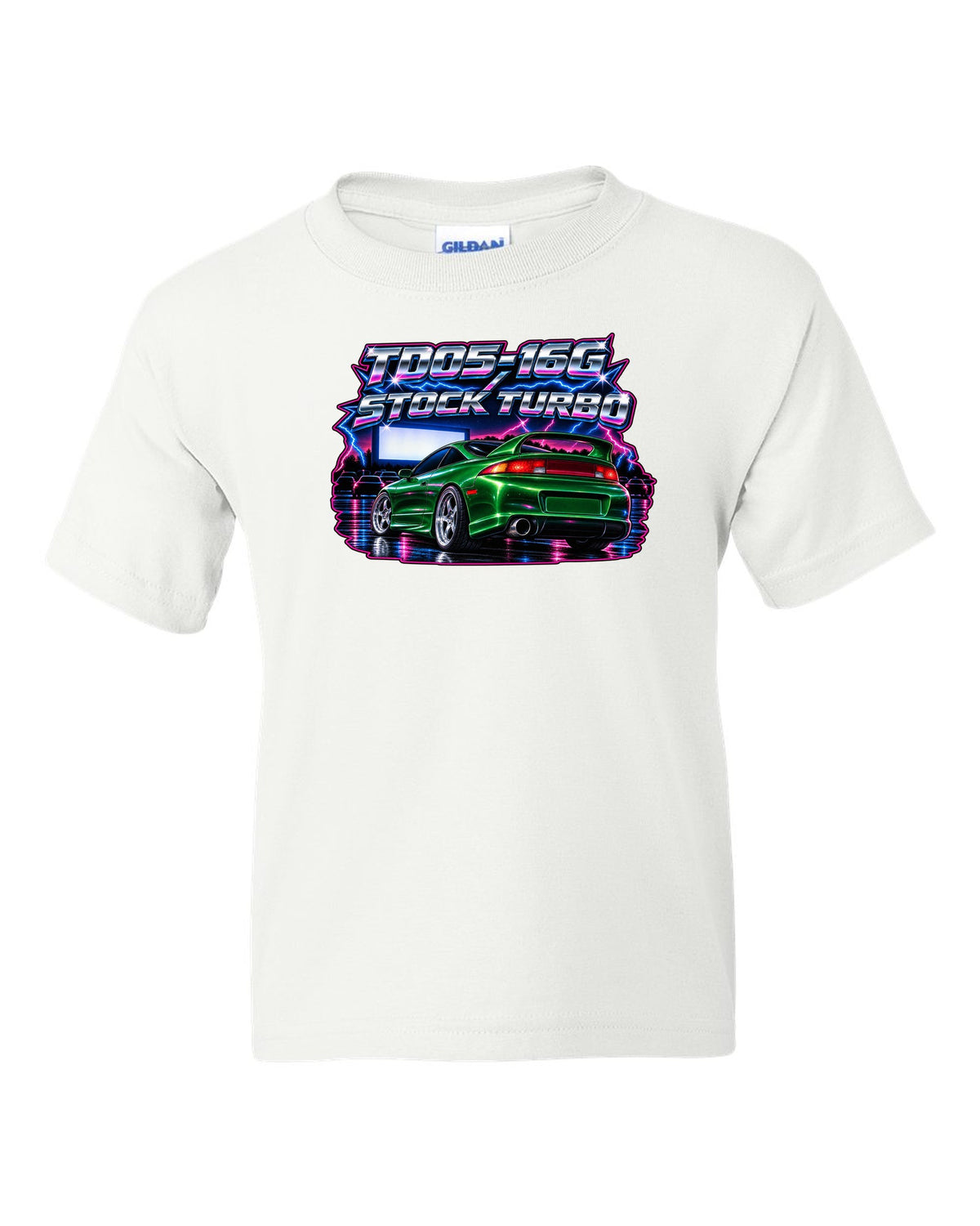 80s airbrush chrome print of a Mitsubishi Eclipse GSX 2G with TD05-16G stock turbo text white kids tee front view with the design