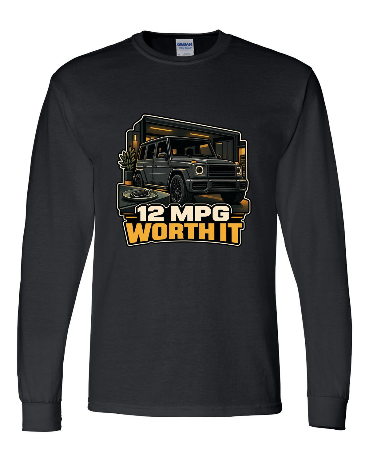 Army surplus stamp graphic reading Gelandewagen 1979 for the Mercedes G-Class W460, print black long sleeve front view with the design
