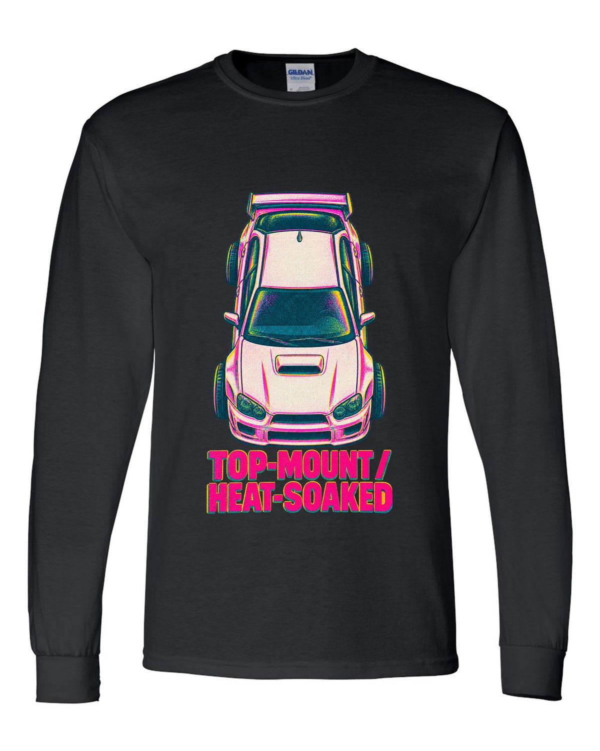 Risograph top view of a Subaru Impreza WRX GDB Blobeye with heat-soaked text black long sleeve front view with the design
