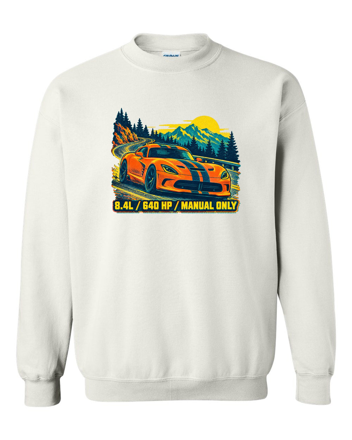 Risograph spot-colour print of a 2013 Dodge Viper VX I with 8.4L text white crewneck front view with the design