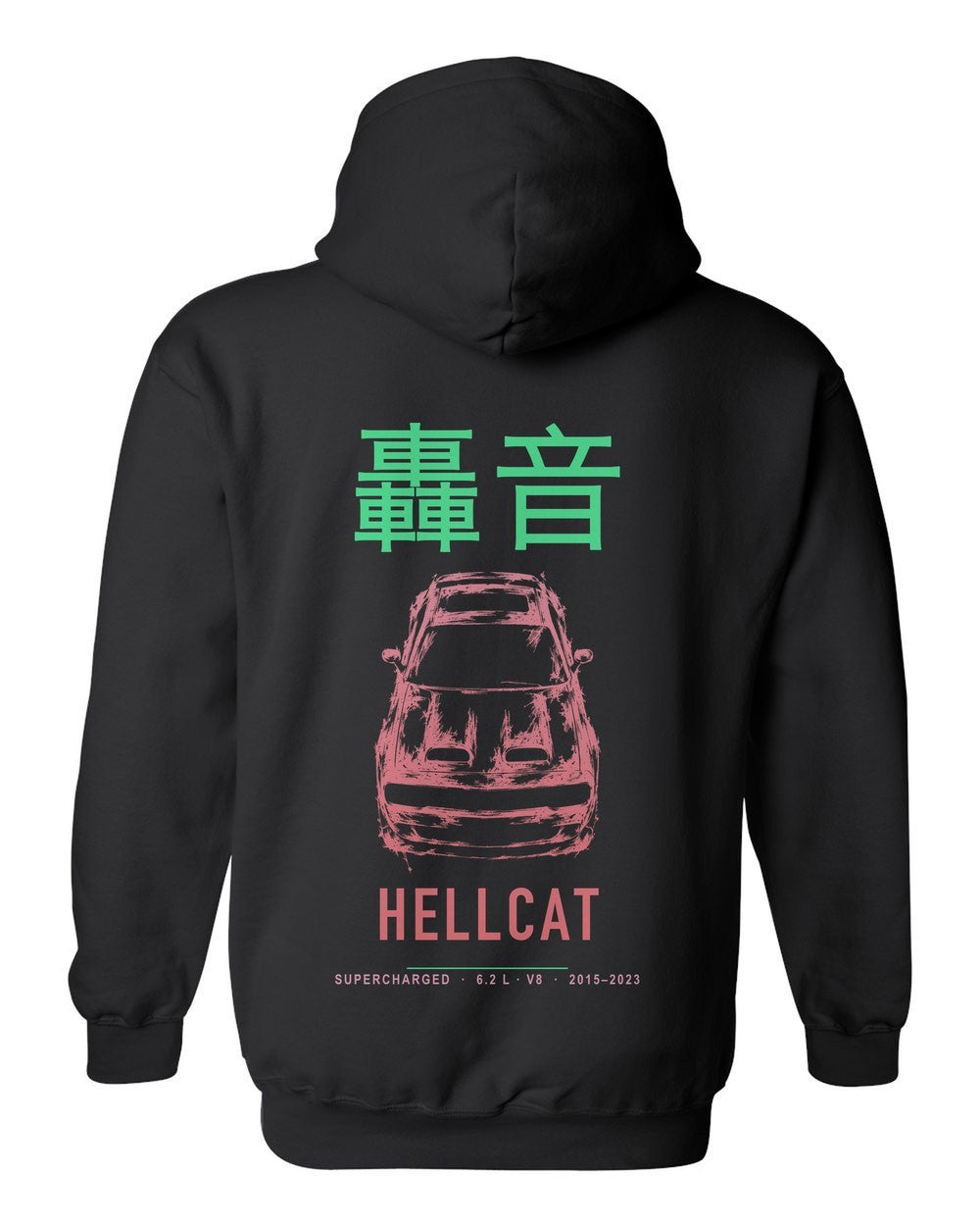 HELLCAT full-back artwork black pull over hoodie back view with the design